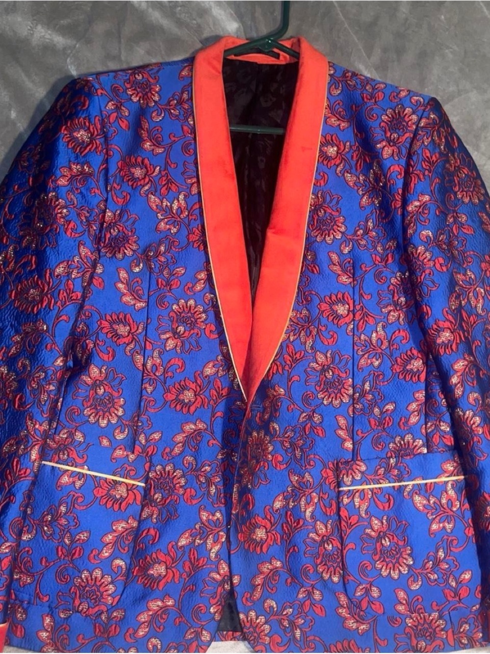 ASOS Blue Blazer with Red Floral Jacquard and Red Shawl Lapel